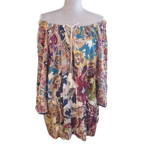 Hannah Plus Size Boho Off Shoulder Peasant Tunic Top 1X Multicolor Paisley - Picture 1 of 9